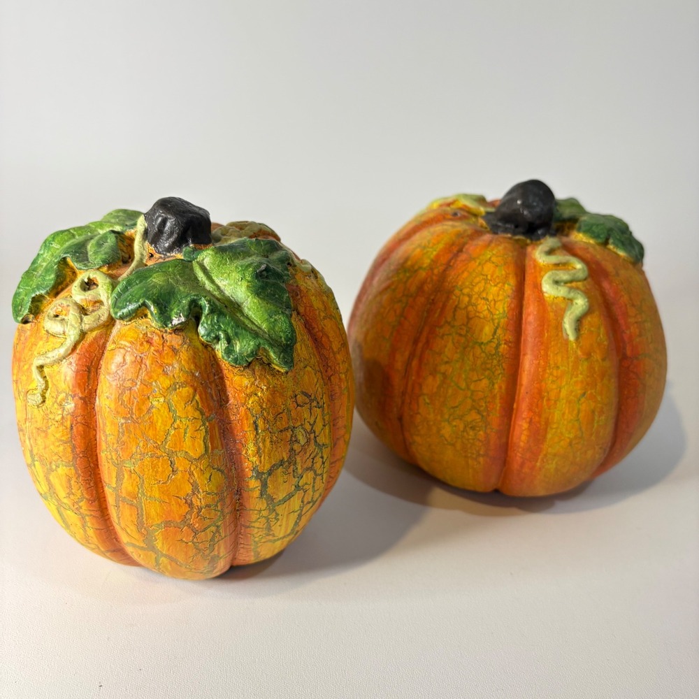 Rustic Resin Pumpkin Figurines Set of 2 Orange Crackle Finish Fall Decor 5 Inch